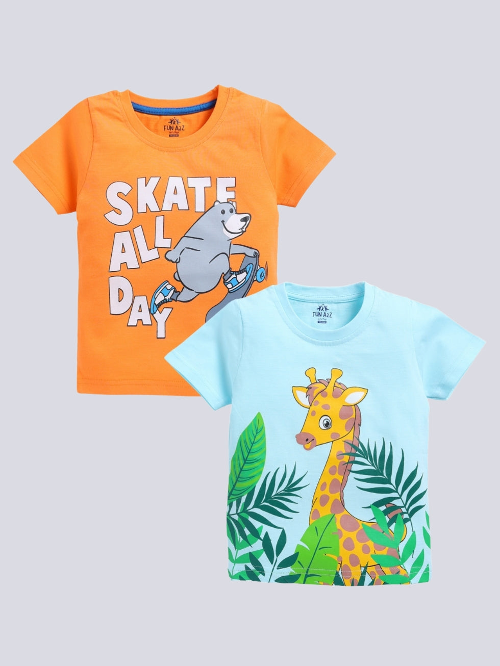 Kidcity Boy's Basic T-Shirt Combo Set (Pack of 2) | Cotton Sinker T-Shirts | Boy's Casual T-Shirts | Orange, Sky Blue T-Shirts Combo Front View