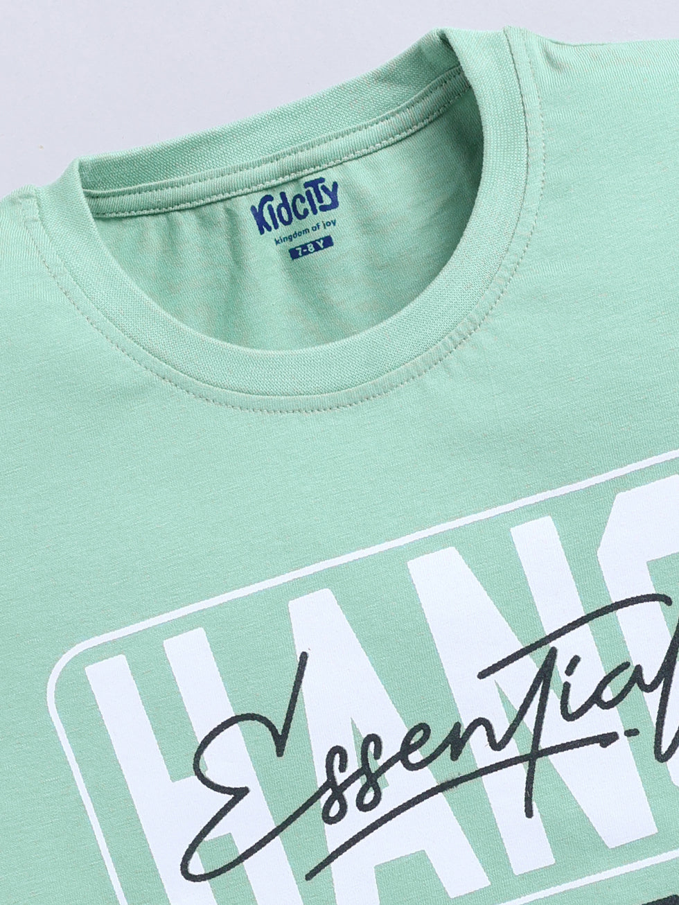 Kidcity Boys Cotton Sinker Hand Loose Text Print Half Sleeves T-Shirts - Olive Green Zoom View
