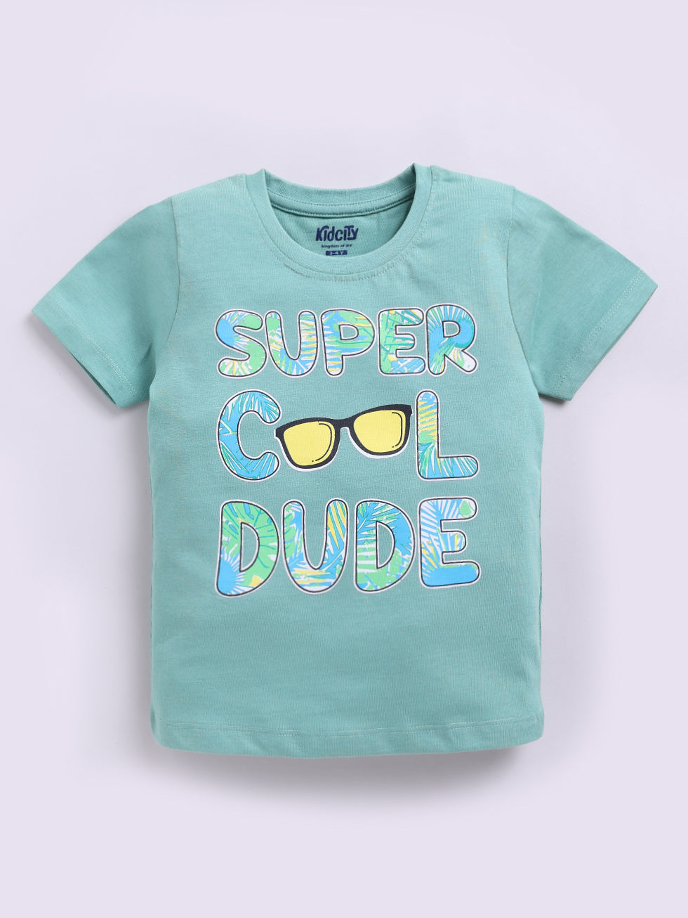 Kidcity Boys Cotton Sinker Super Cool Dude Graphic Half Sleeves T-Shirts - Olive Green Front View