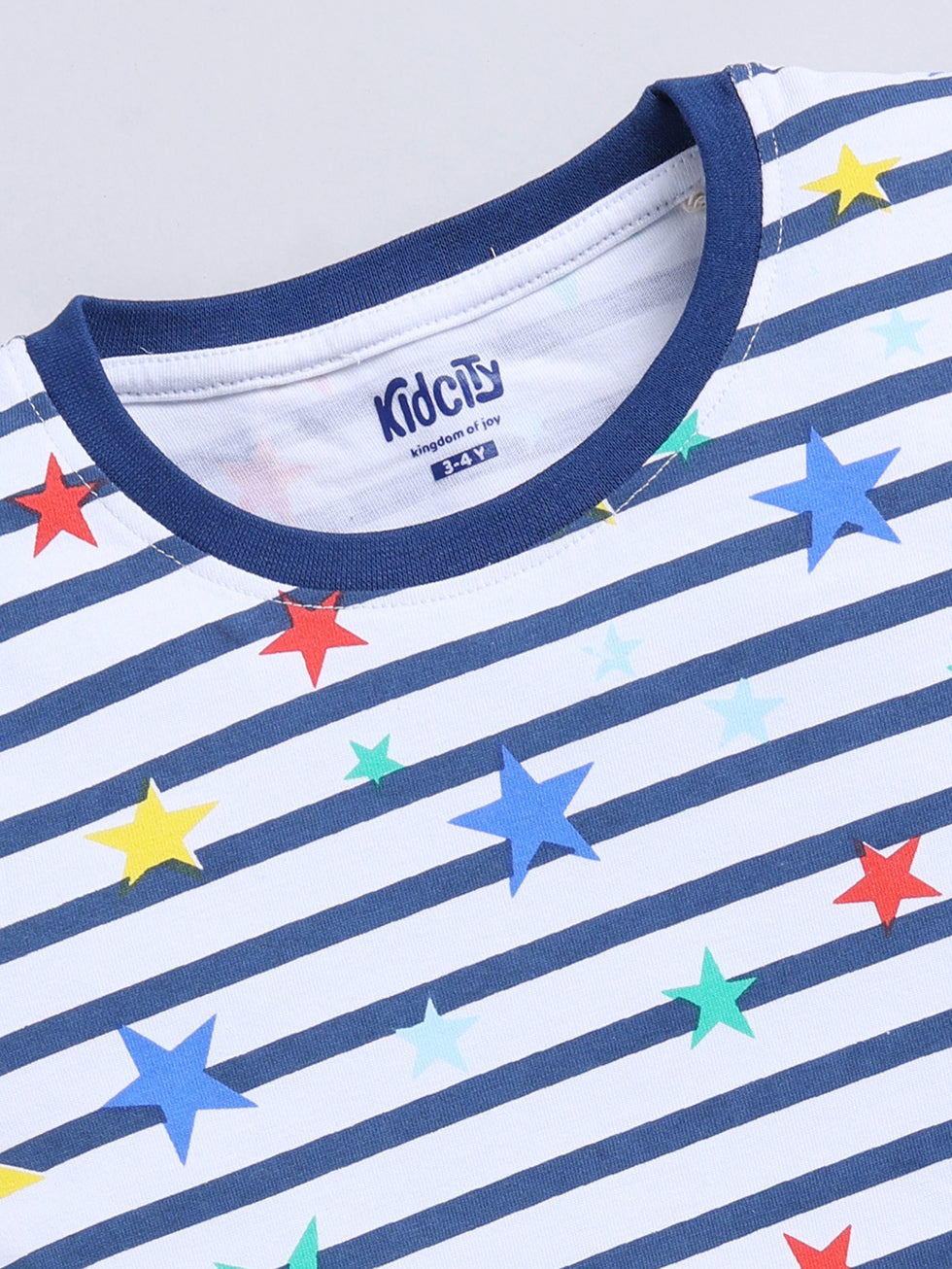 Kidcity Boys Soft Cotton Sinker Knit Half Sleeves Striped Star Print T-Shirts - Multicolor zoom view