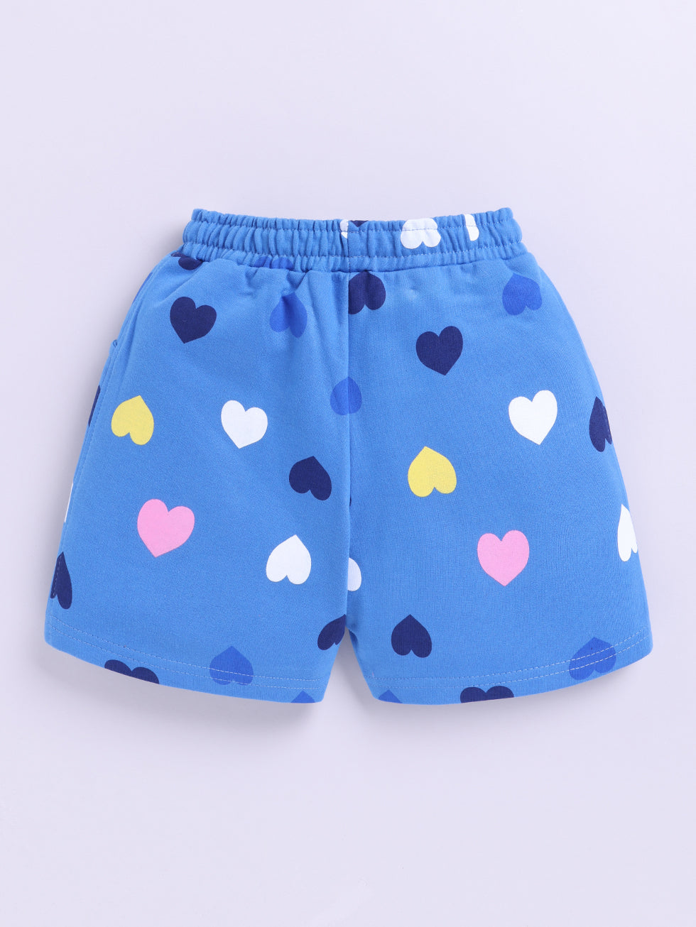 Kidcity Girls Cotton Loopknit Heart Allover Print Shorts - Blue back view