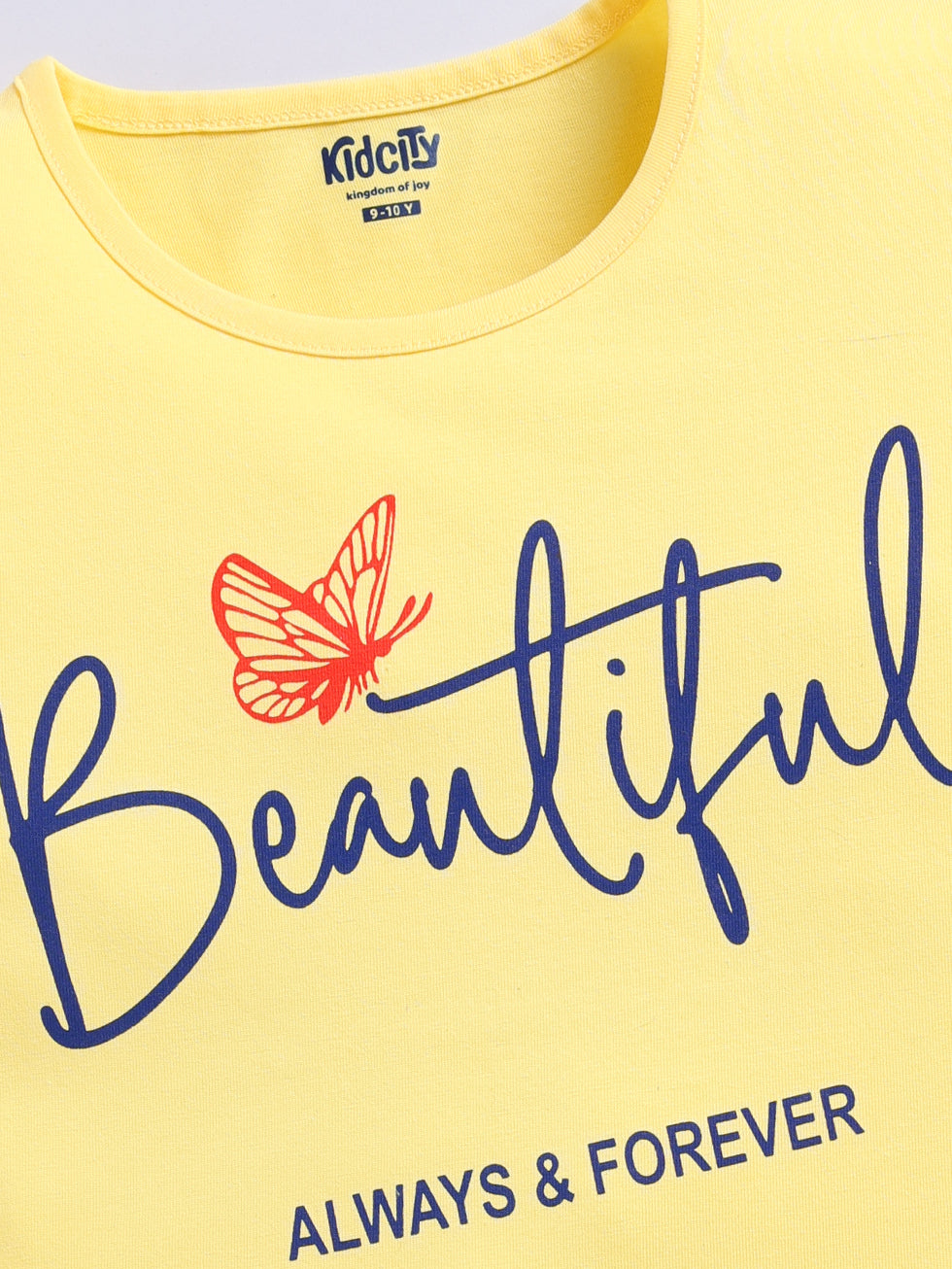 Kidcity Girls Cotton Sinker Beautiful Text and Butterfly Graphic Print Half Sleeves Tops -Yellow Zoom view