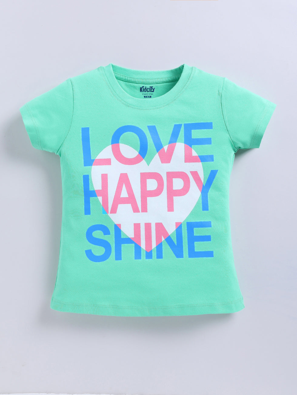 Kidcity Girls Cotton Sinker Love Happy Shine Text and Heart Graphic Print Half Sleeves Tops - Mint Green Front View