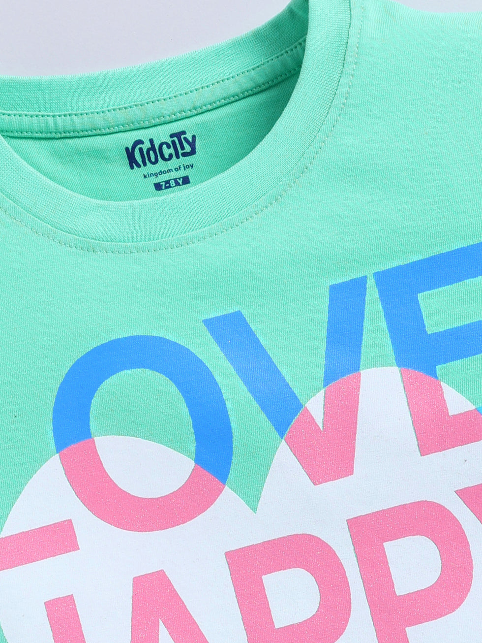 Kidcity Girls Cotton Sinker Love Happy Shine Text and Heart Graphic Print Half Sleeves Tops - Mint Green Zoom View