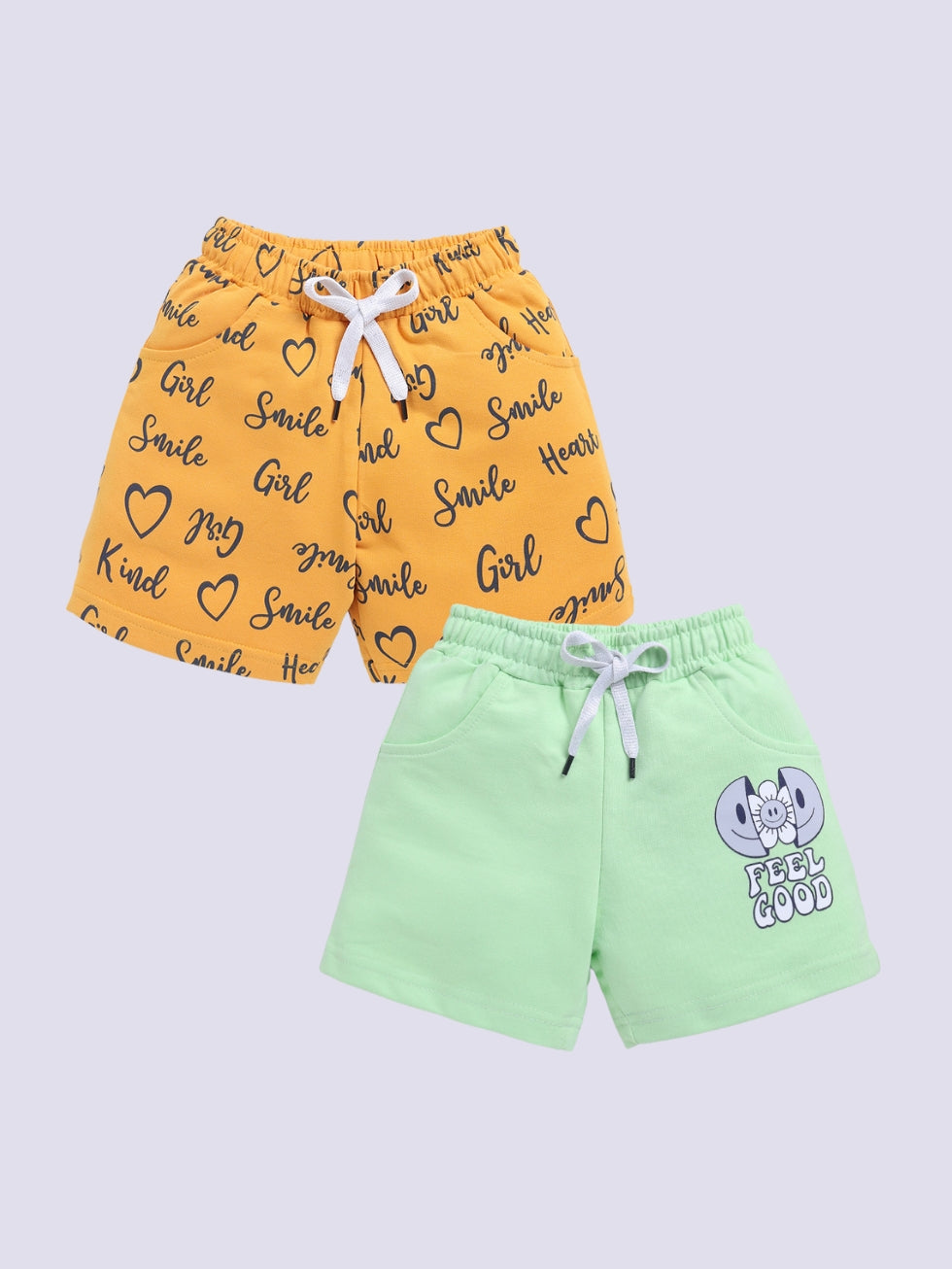 Kidcity Girls shorts Combo set (pack of 2) |Loopknit shorts|Mustard, Green shorts front view