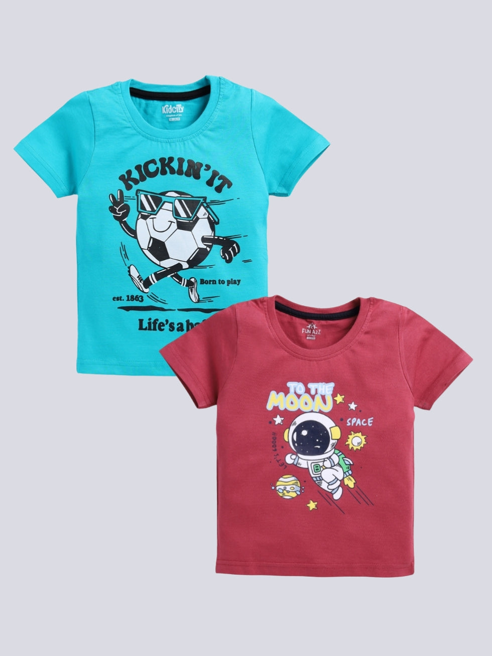 Kidcity Boy's Basic T-Shirt Combo Set (Pack of 2) | Cotton Sinker T-Shirts | Boy's Casual T-Shirts | Magenta, Sky Blue T-Shirts