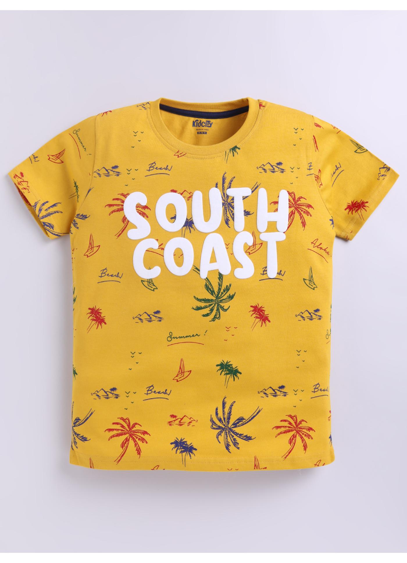 South Coast Tropical Print Mustard Yellow Cotton T-Shirt