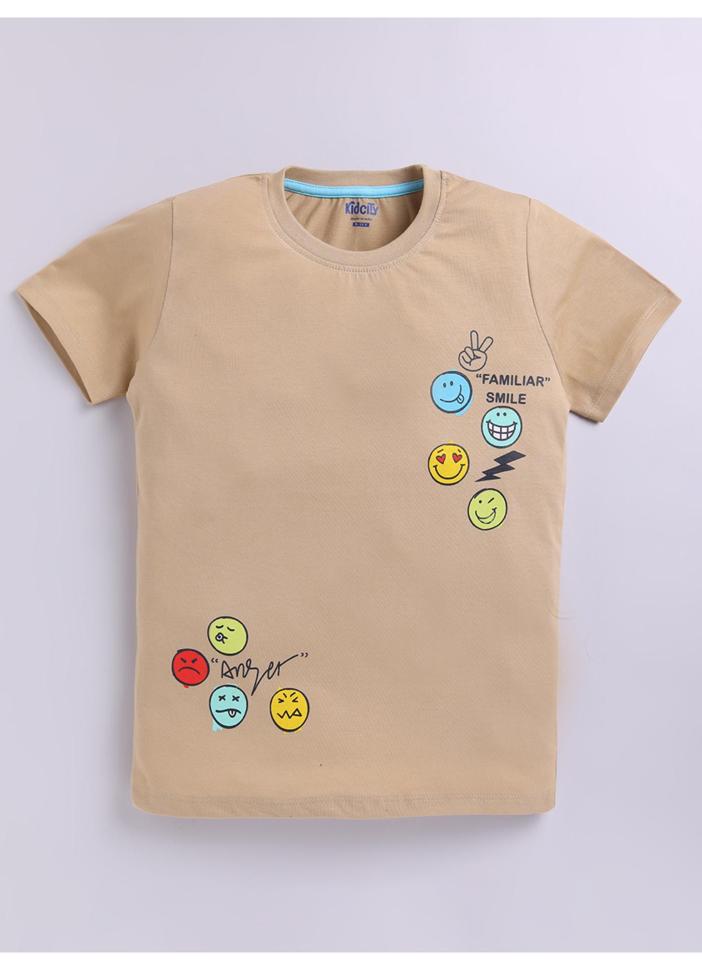 Familiar Smile Emoticon Graphic Beige Cotton T-Shirt