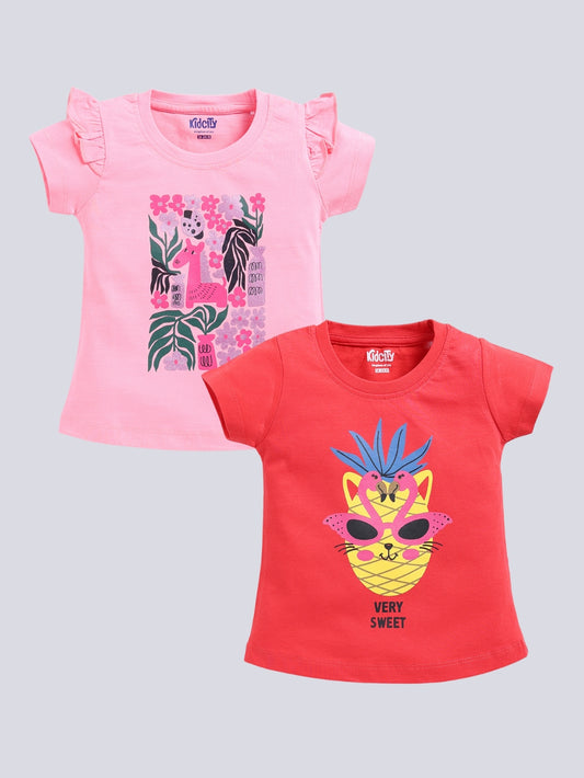 Kidcity Girl's Basic Tops Combo Set (Pack of 2)|Cotton Sinker  Tops| Red, Light Pink Tops