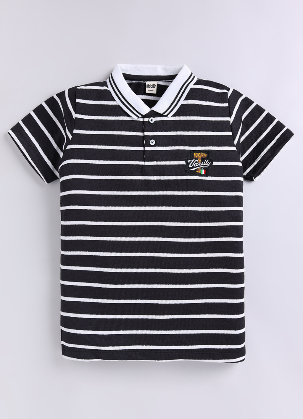 Boys Black & White Striped Polo T-Shirt