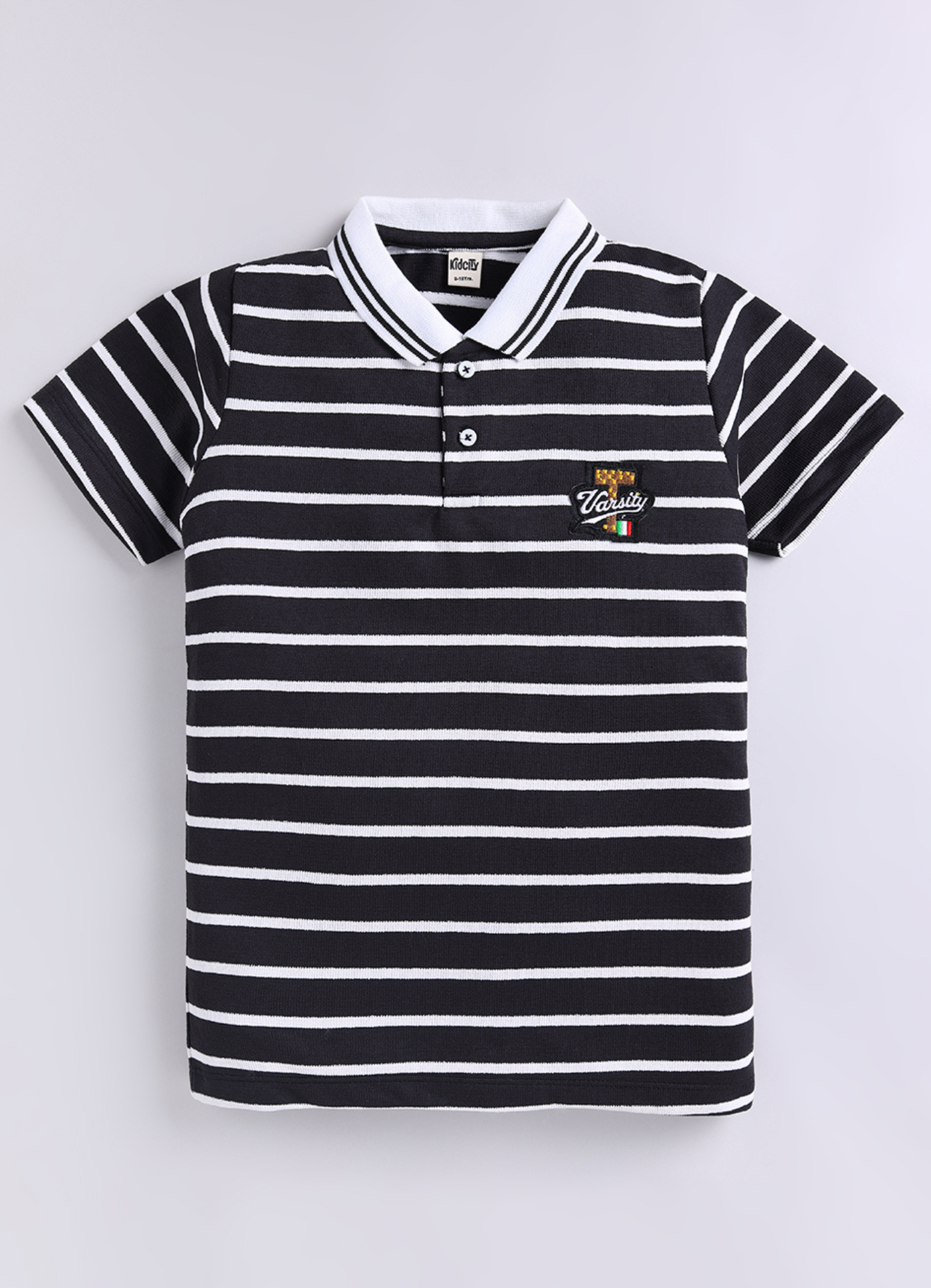 Boys Black & White Striped Polo T-Shirt