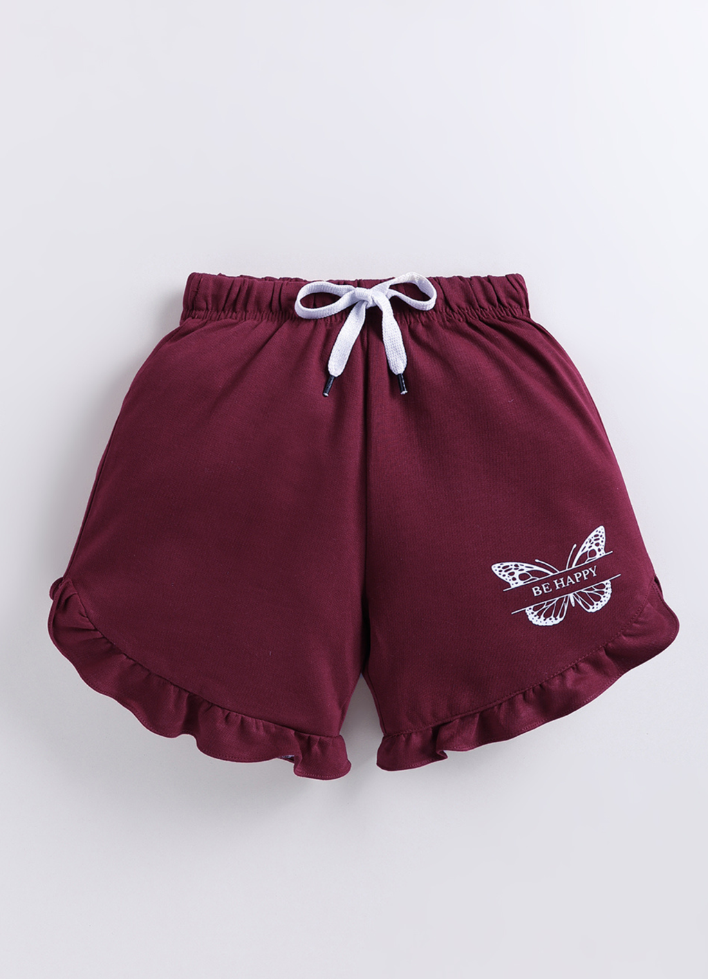 Girls Maroon "Be Happy" Ruffle Hem Shorts