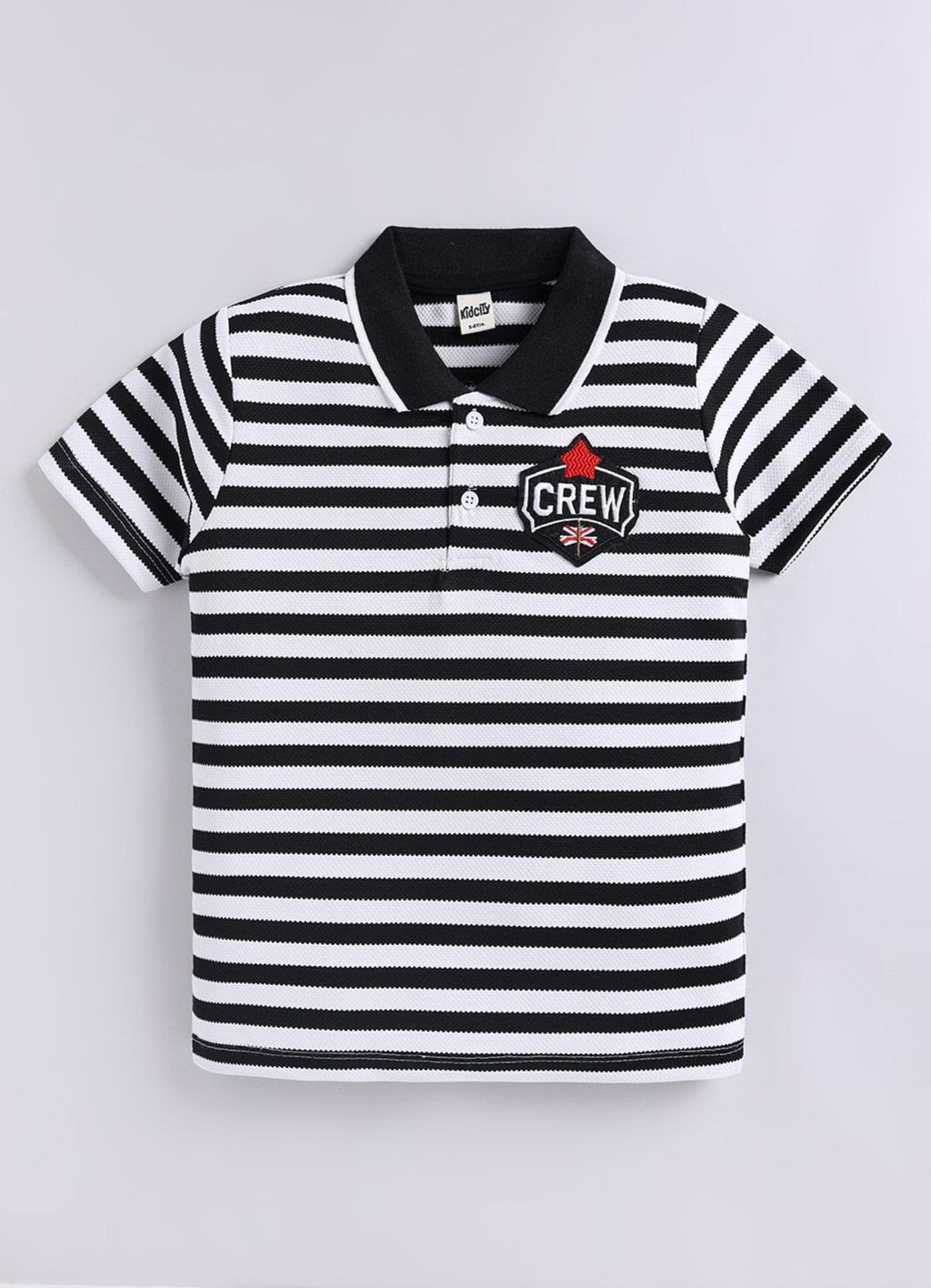 Boys Black & White Striped Polo T-Shirt with Crew Embroidery
