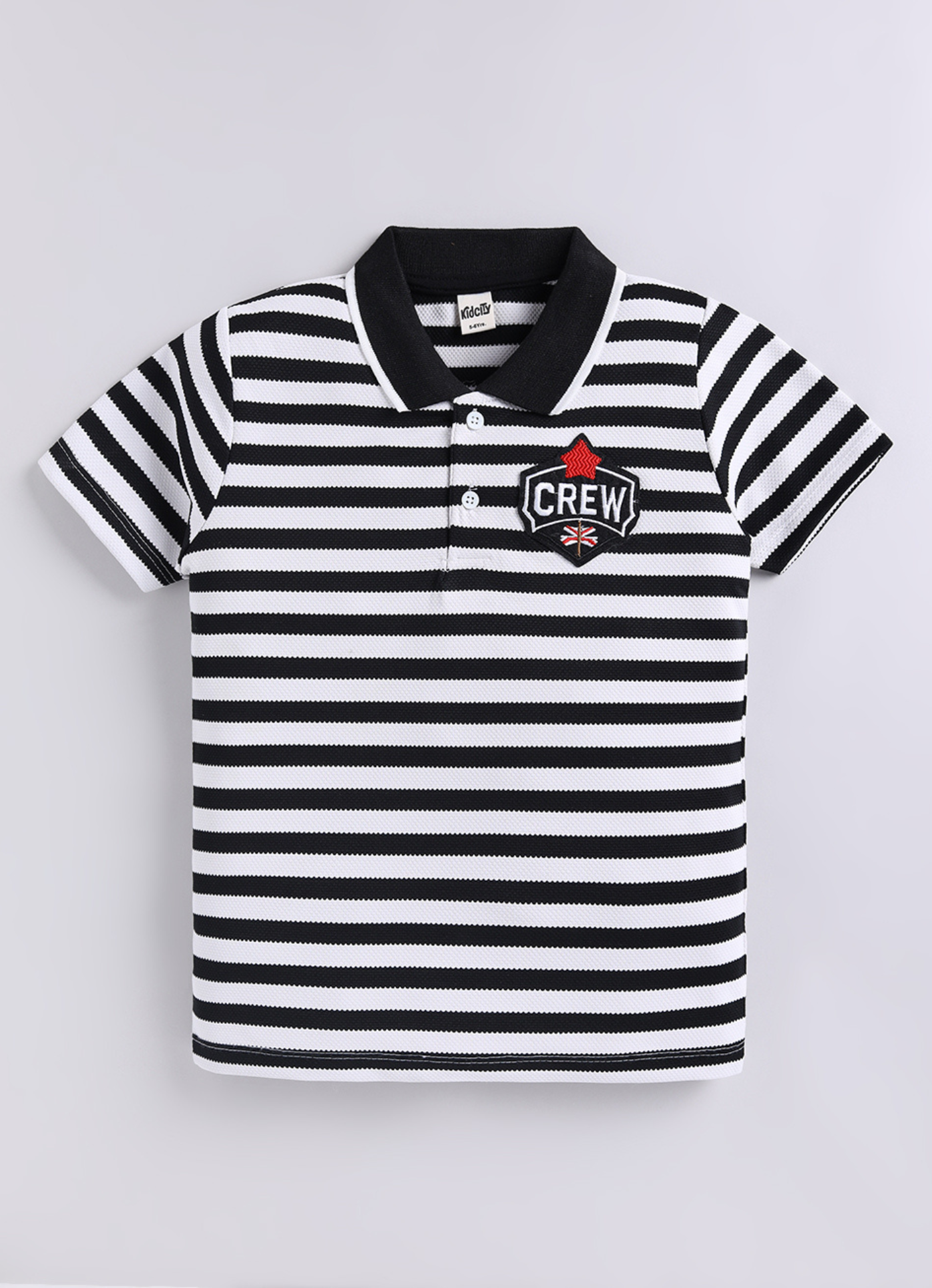 Boys Black & White Striped Polo T-Shirt with Crew Embroidery