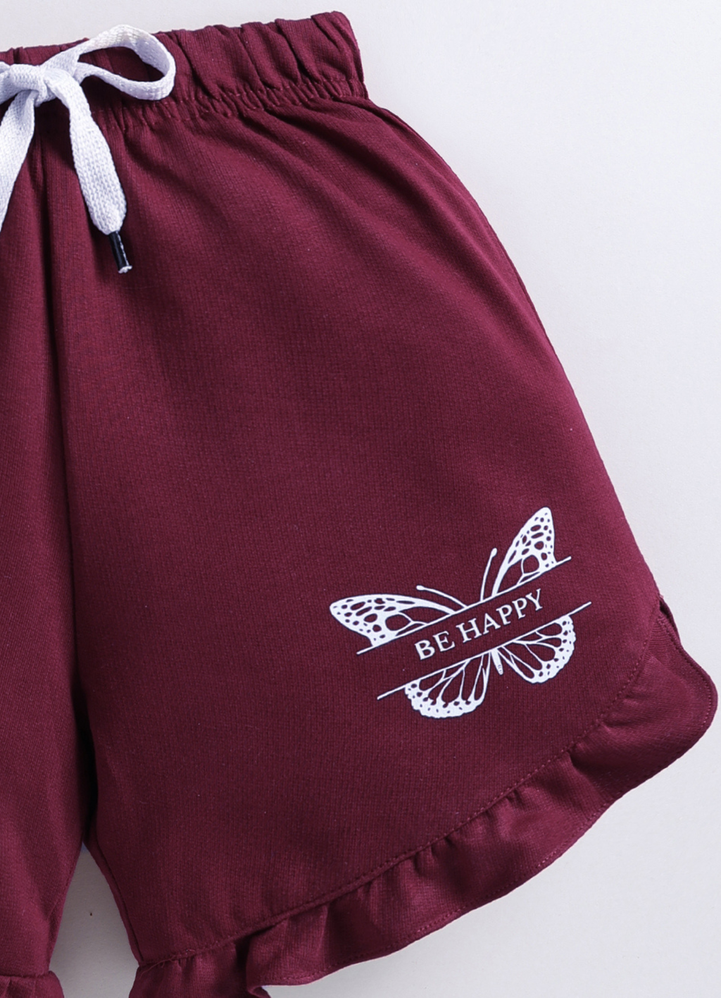 Girls Maroon "Be Happy" Ruffle Hem Shorts