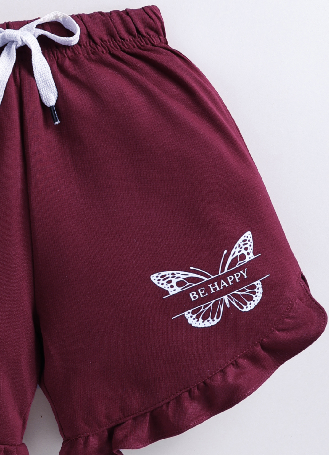 Girls Maroon "Be Happy" Ruffle Hem Shorts