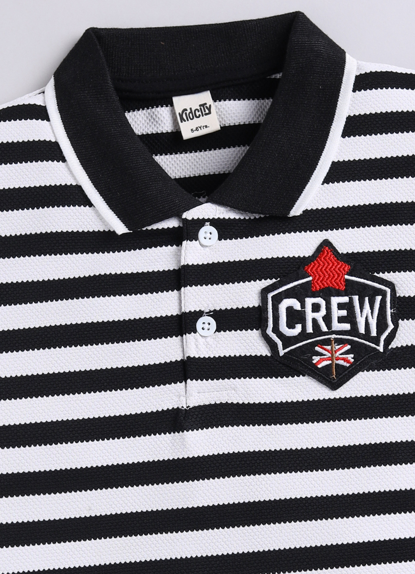 Boys Black & White Striped Polo T-Shirt with Crew Embroidery