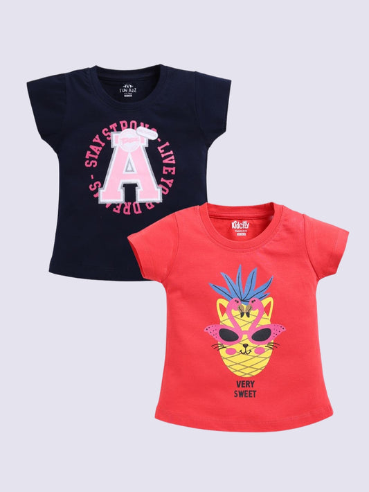 Kidcity Baby Girls Basic Top Combo Set (Pack of 2)|Cotton Sinker Top| Navy, Red  Tops