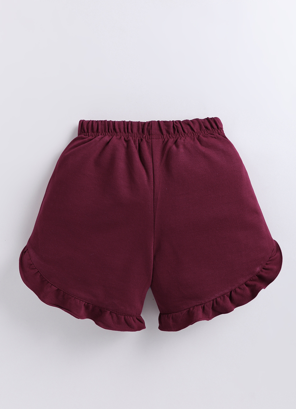 Girls Maroon "Be Happy" Ruffle Hem Shorts