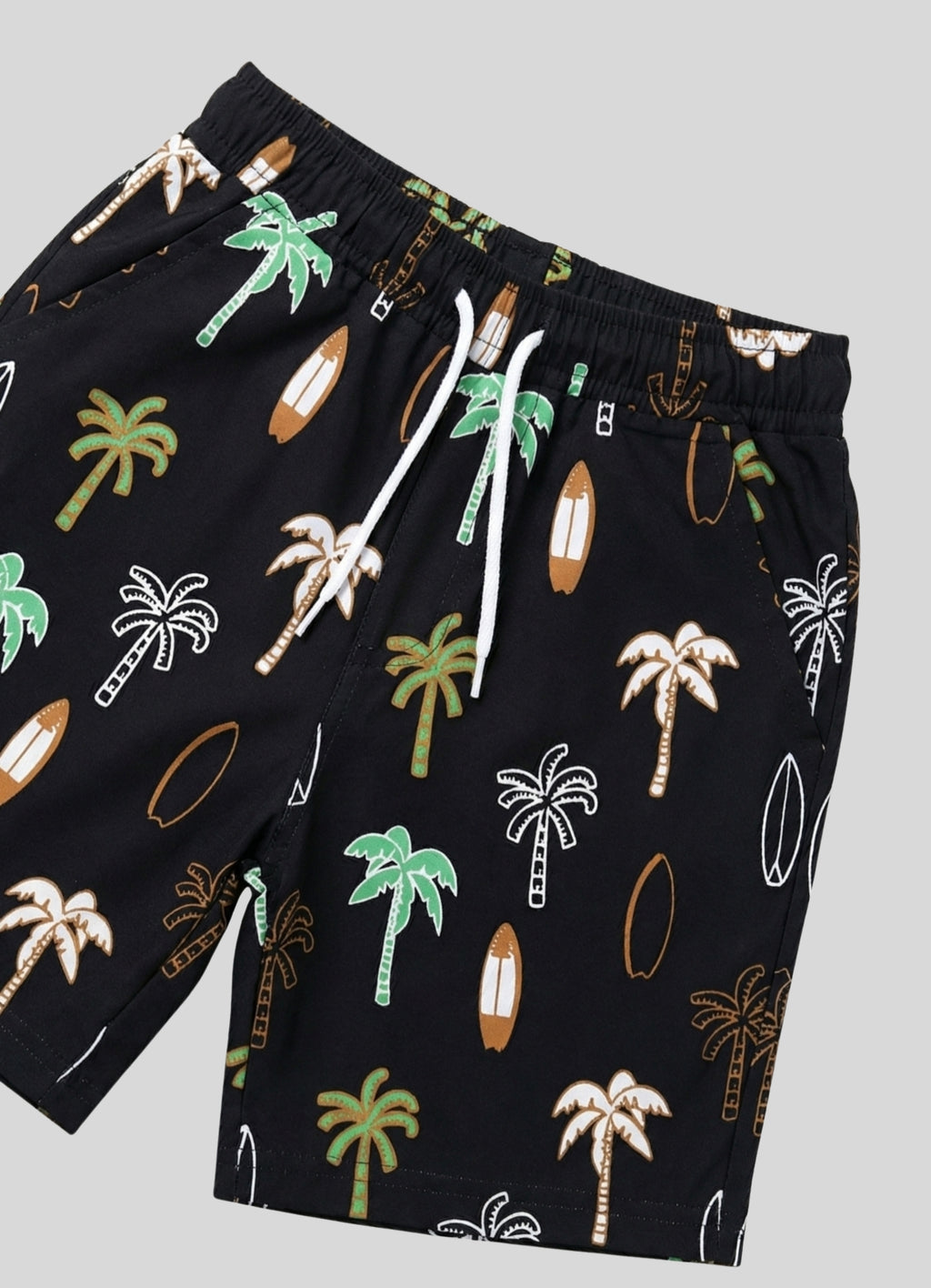 Palm & Surfboard Print Casual Drawstring Shorts