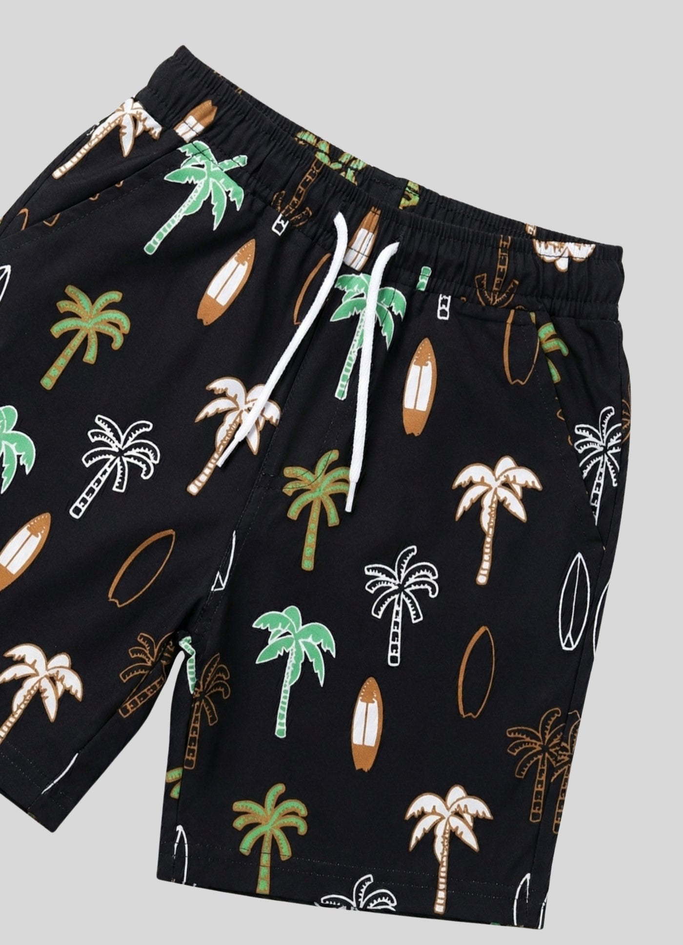Palm & Surfboard Print Casual Drawstring Shorts