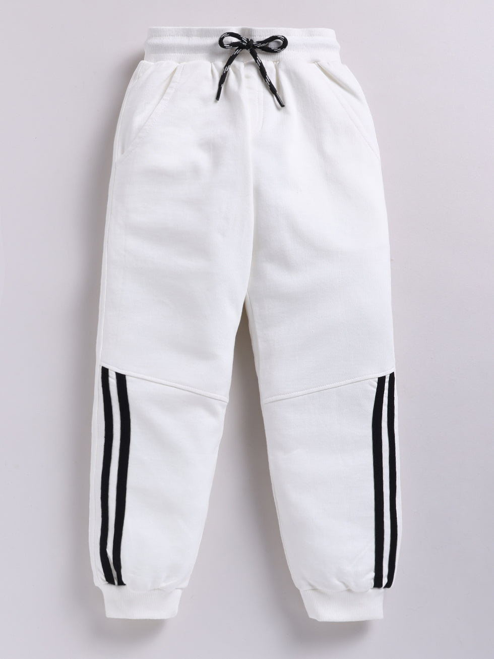 Boys Cotton Loopknit Side Stripes Print Joggers - Off White Front view