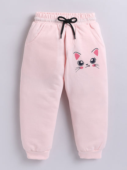 Girls Kitty Face Print Joggers - Light Pink