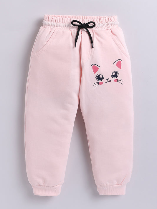 Girls Kitty Face Print Joggers - Light Pink