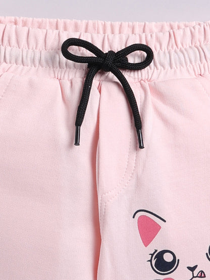 Girls Kitty Face Print Joggers - Light Pink