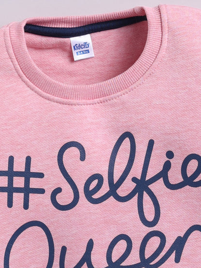 Girls Selfie Queen Text Print Sweatshirt - Light Pink