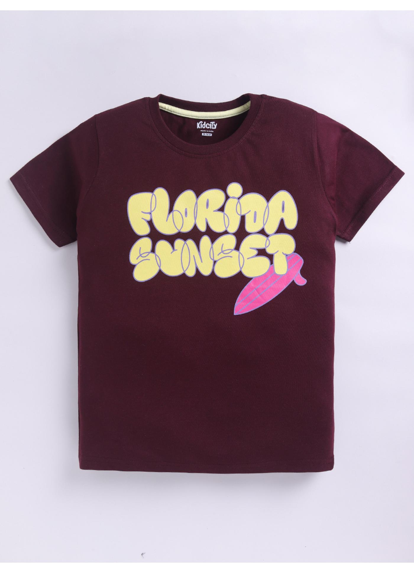 Florida Sunset Surf Graphic Maroon Cotton T-Shirt