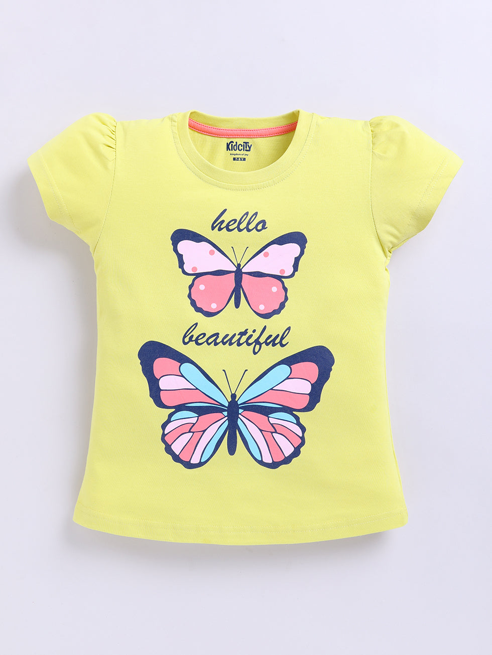 Hello Beautiful Text Butterfly Printed Tops