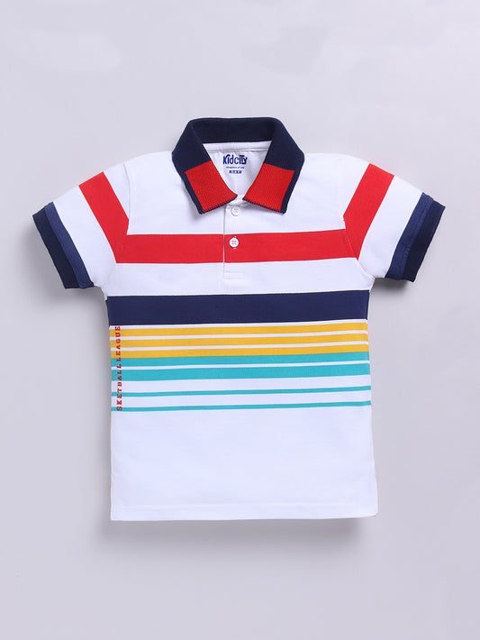 Kidcity Boys Soft Cotton Sinker Striped Polo Half Sleeves T-Shirts - White