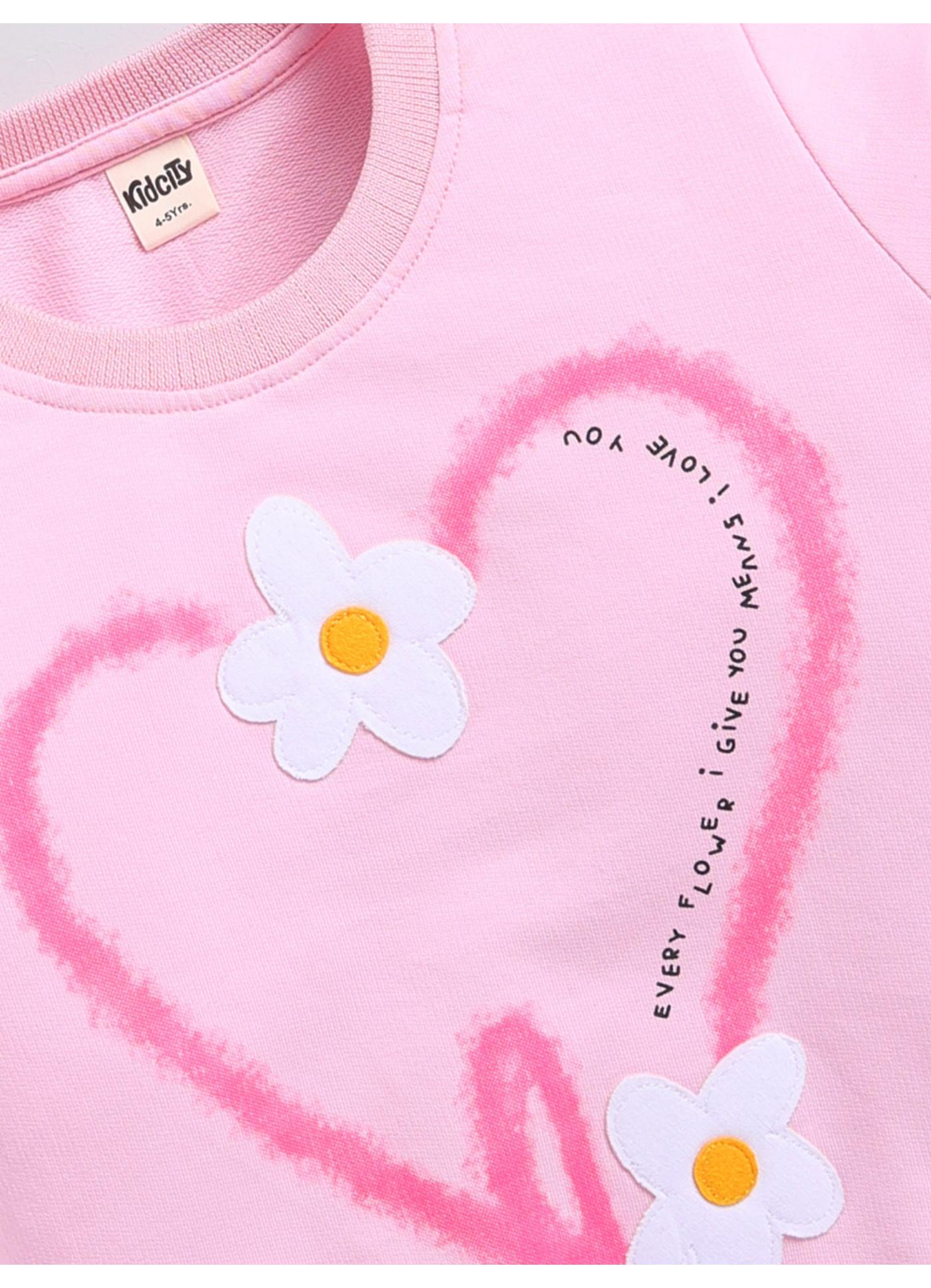 Pink Heart & Flower Appliqué Fleece Sweatshirt