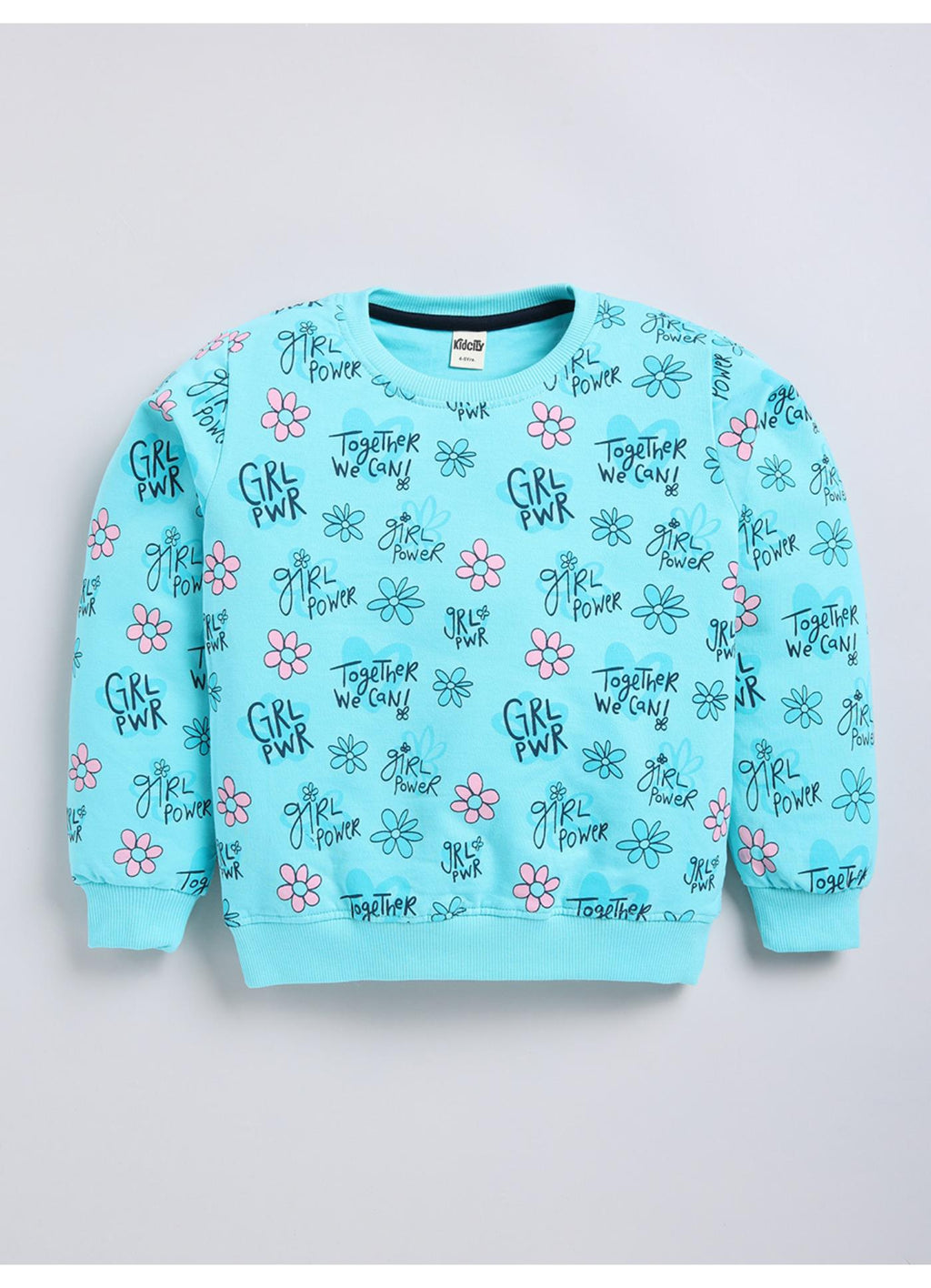 Girl Power' & Floral All-Over Print Crewneck Sweatshirt