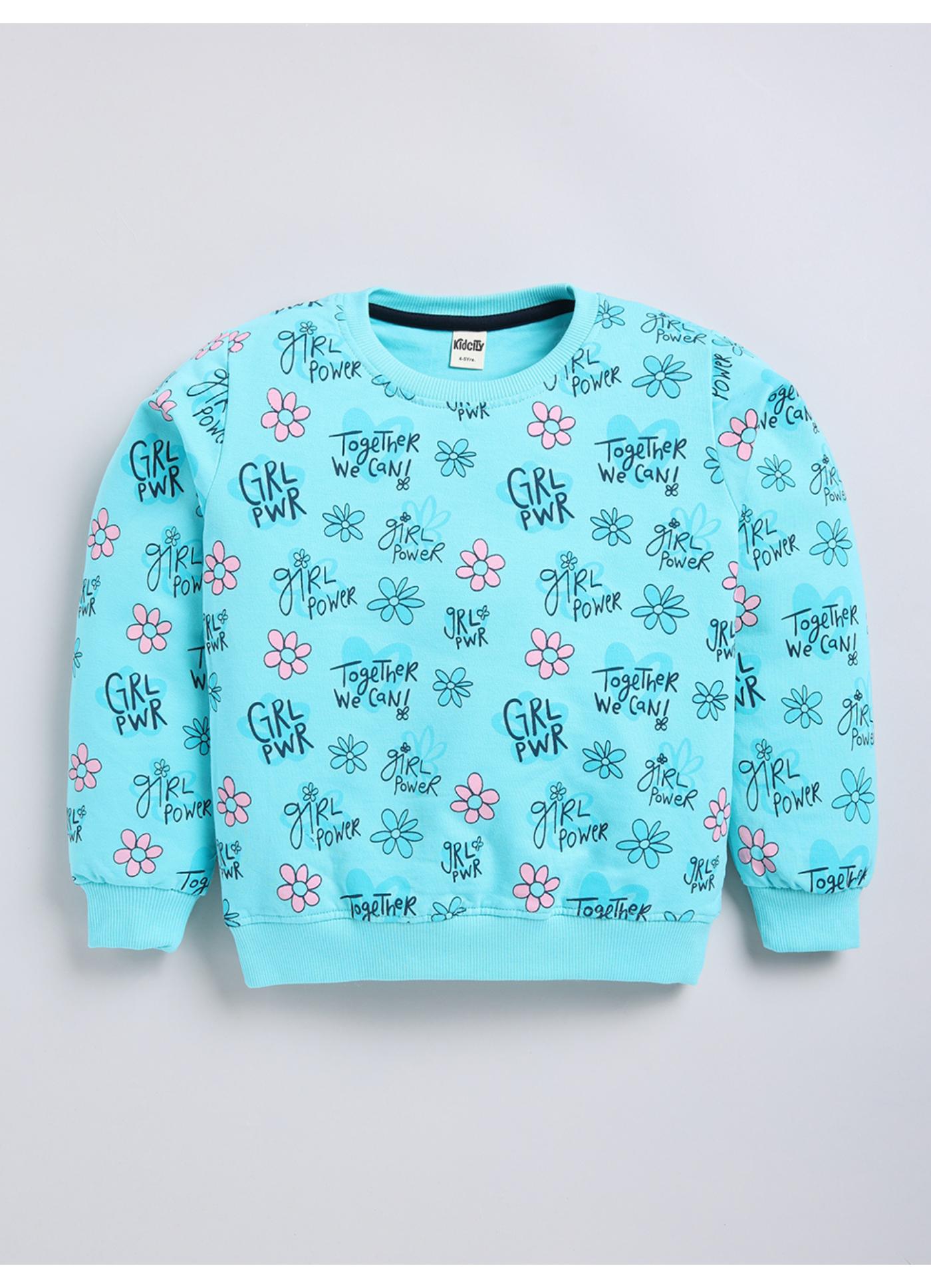 Girl Power' & Floral All-Over Print Crewneck Sweatshirt