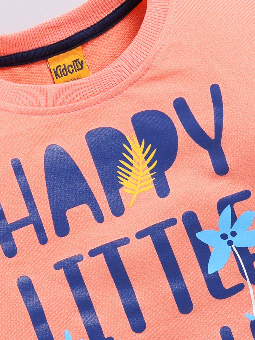 Kidcity Cotton Placement Print Sweatshirts - Peach
