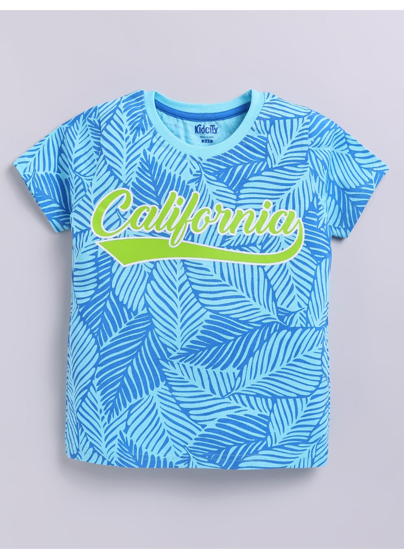 California Tropical Palm Leaf Print Blue T-Shirt