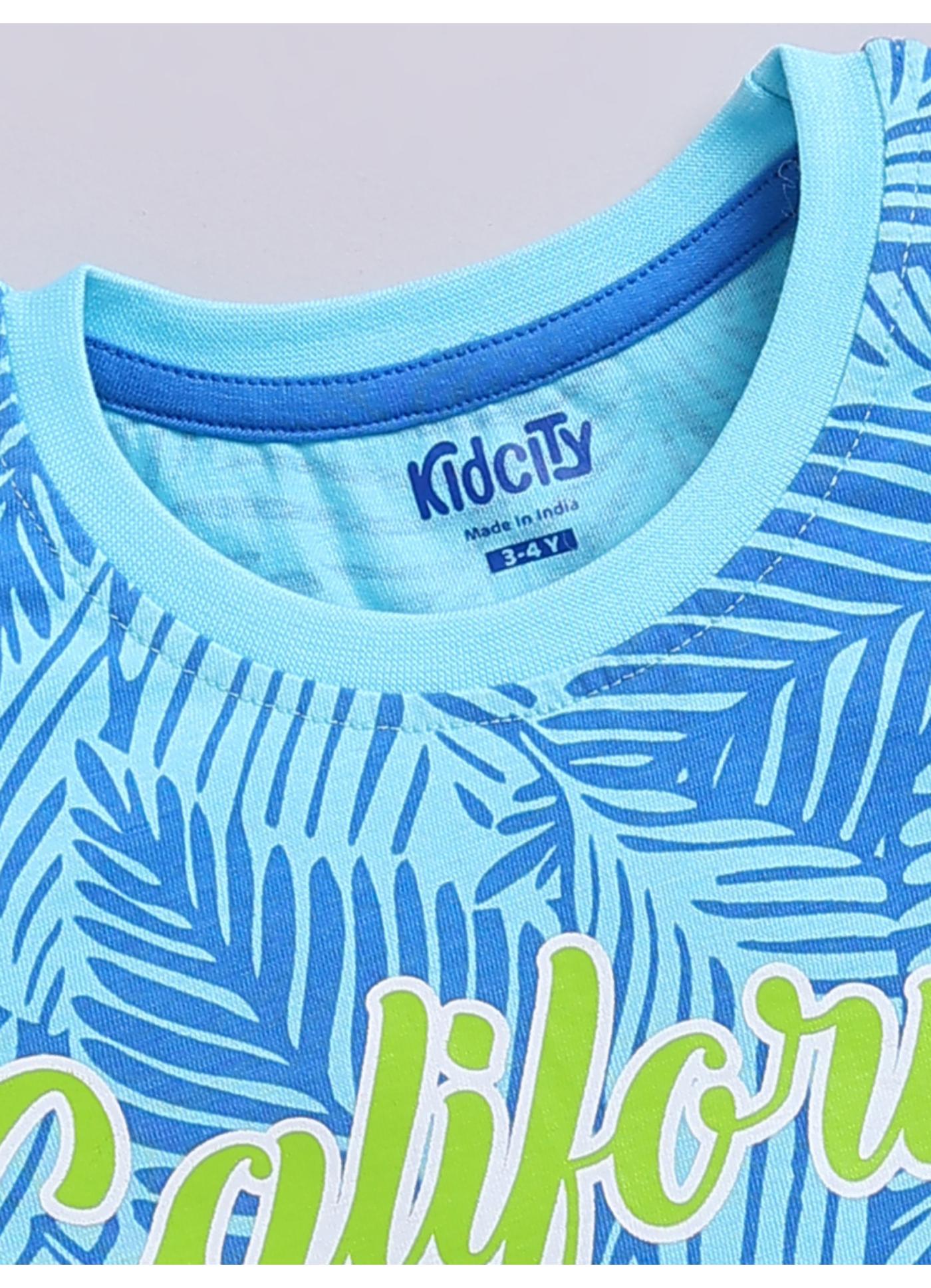 California Tropical Palm Leaf Print Blue T-Shirt