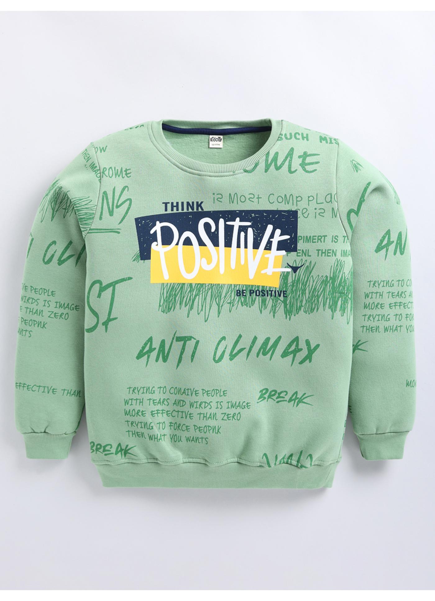Light Green Graffiti Print 'Think Positive' Crew-Neck Sweatshirt