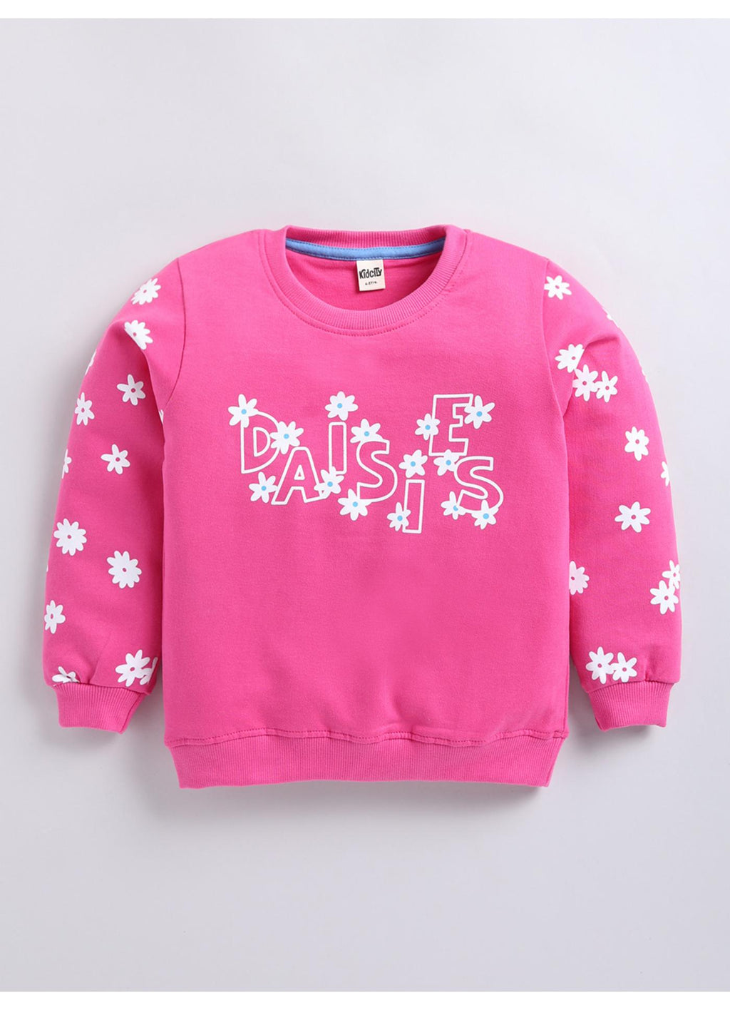 Hot Pink Daisy Print Crew-Neck Sweatshirt