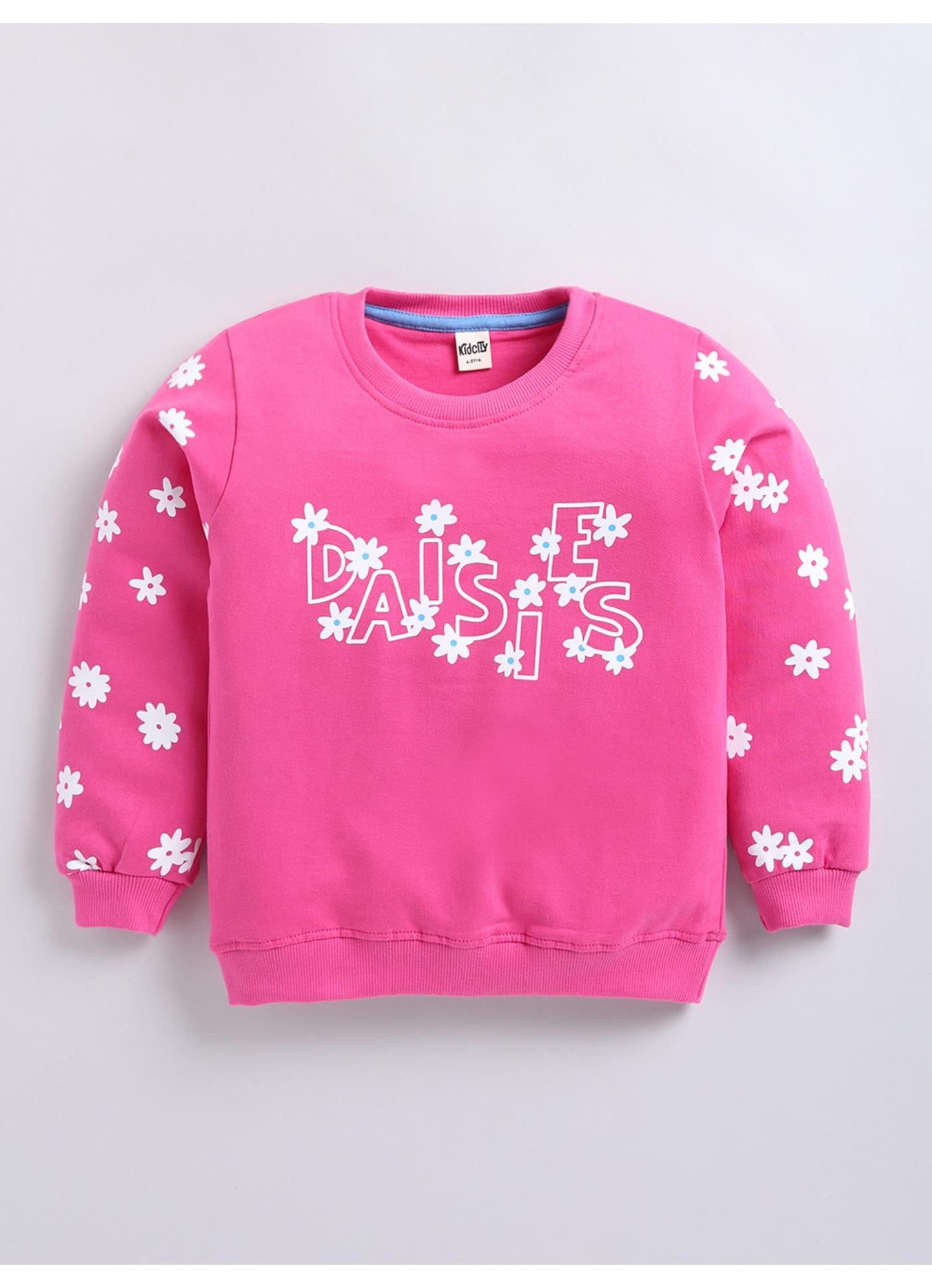 Hot Pink Daisy Print Crew-Neck Sweatshirt