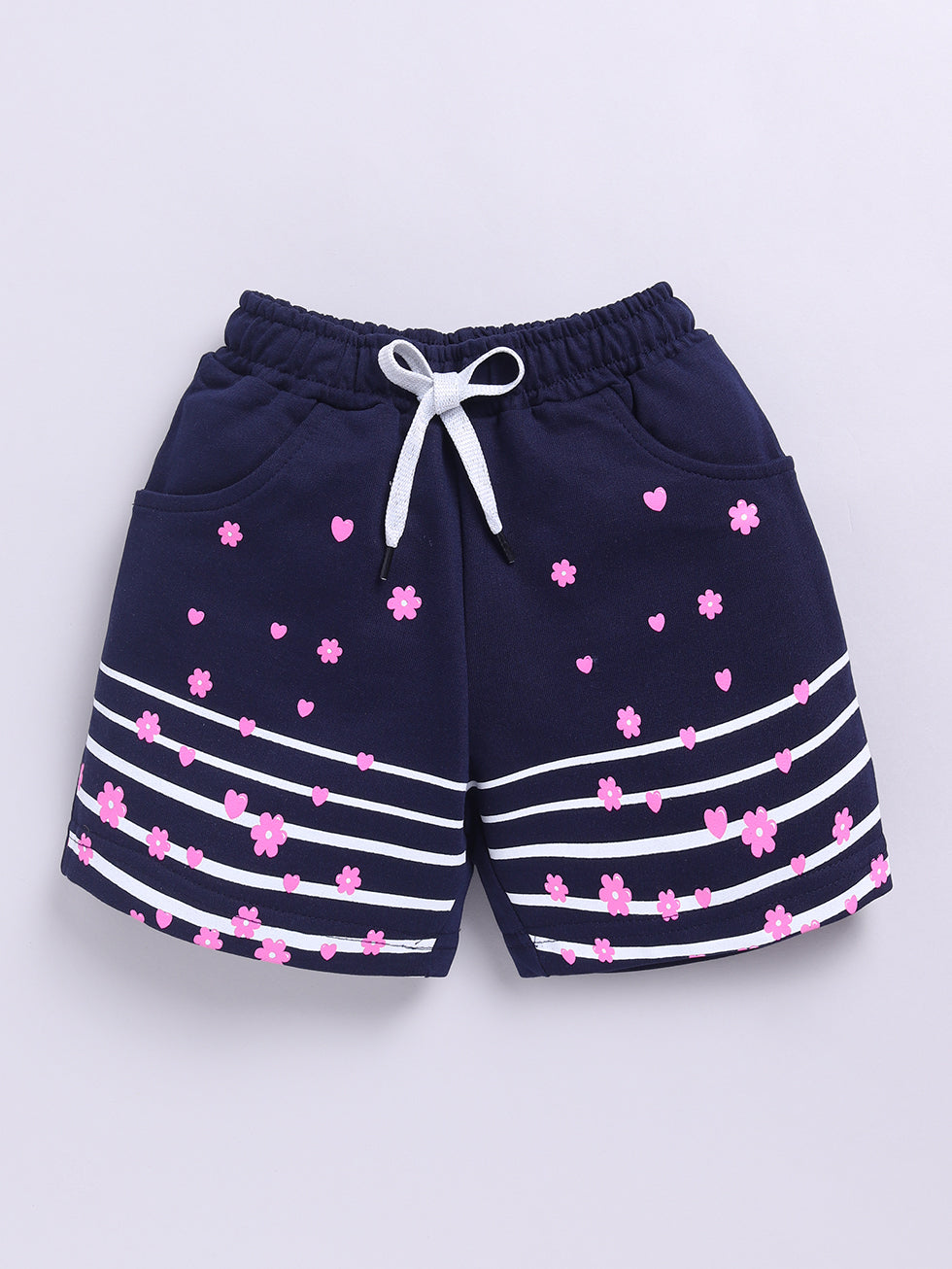 Kidcity Girls  Soft Cotton Loopknit Floral & Heart Print Shorts - Navy
