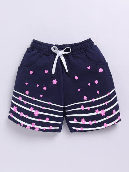 Kidcity Girls  Soft Cotton Loopknit Floral & Heart Print Shorts - Navy