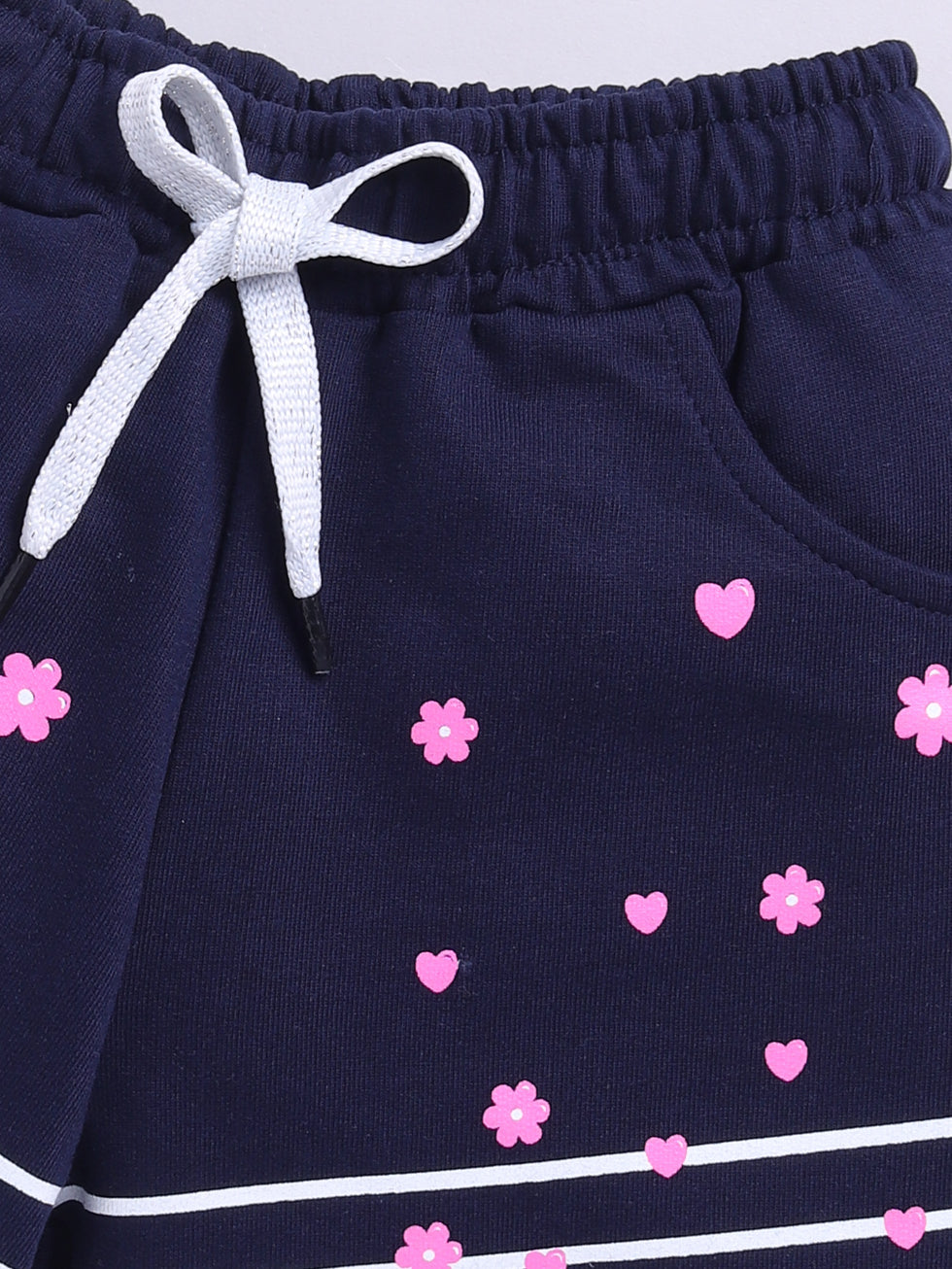 Kidcity Girls  Soft Cotton Loopknit Floral & Heart Print Shorts - Navy