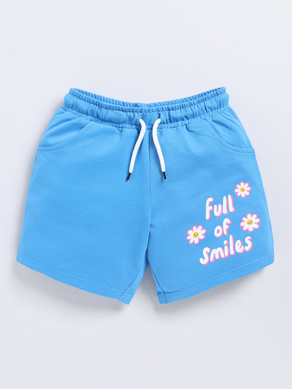 Kidcity Girls Soft Cotton Loopknit Text Print Shorts - Light Blue