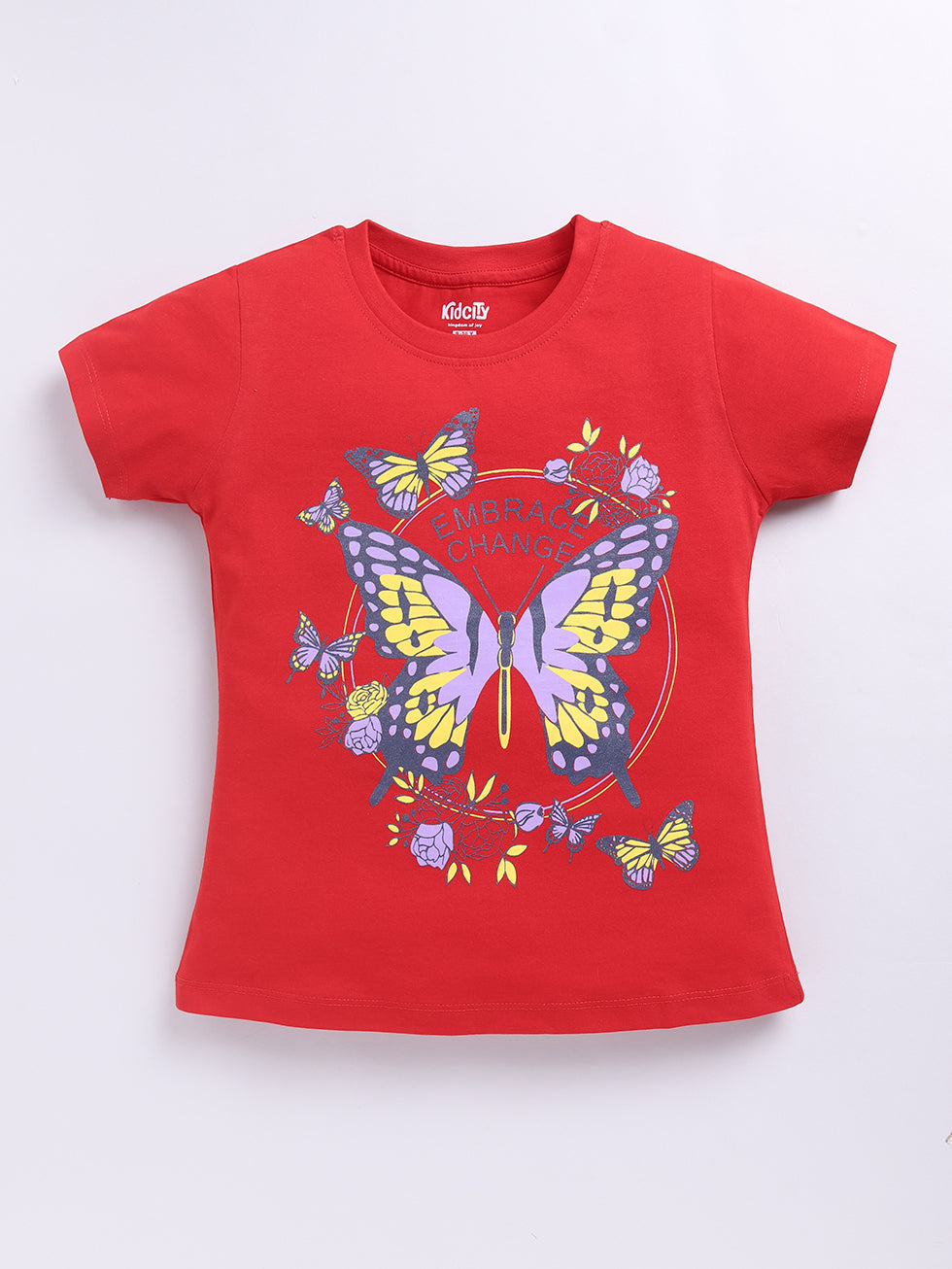 Kidcity Girls  Soft Cotton Sinker Half Sleeve Butterfly Print  Tops - Red