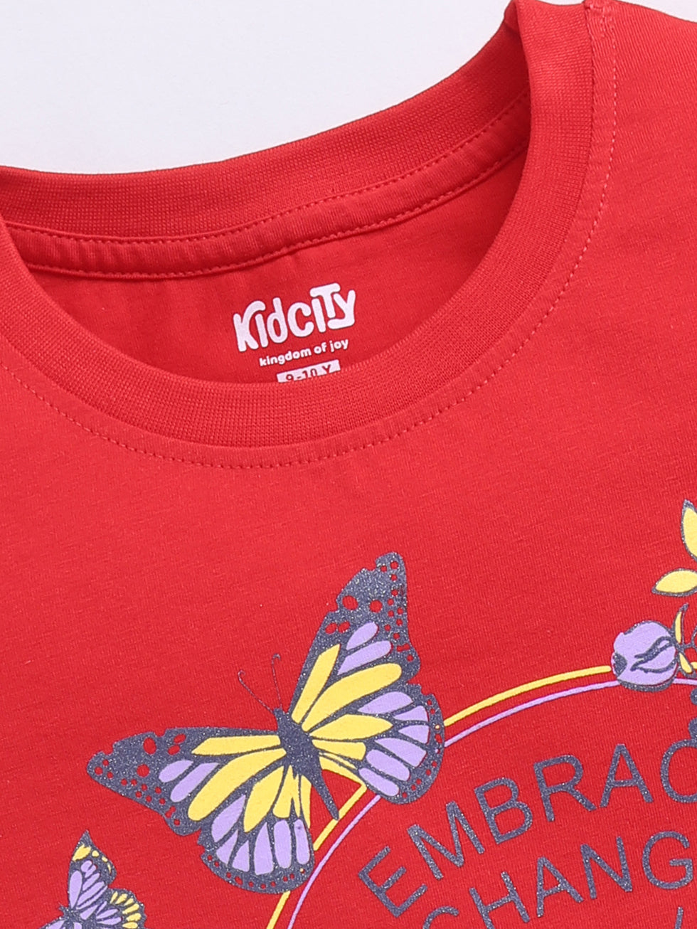 Kidcity Girls  Soft Cotton Sinker Half Sleeve Butterfly Print  Tops - Red