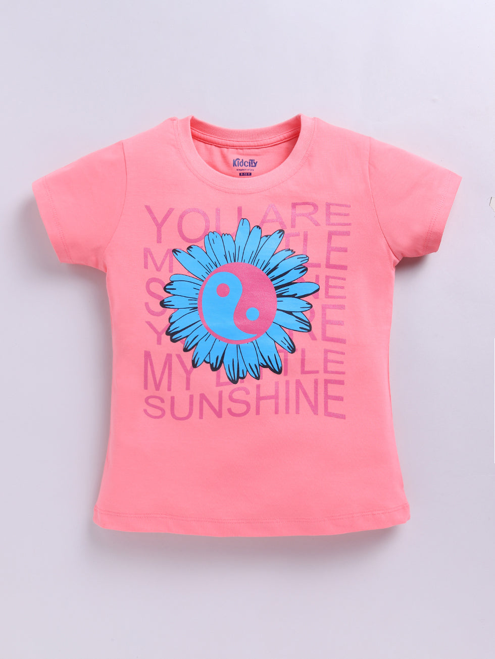 Kidcity Girls  Soft Cotton Sinker Half Sleeve Floral and Text Print  Tops - Fusia Pink