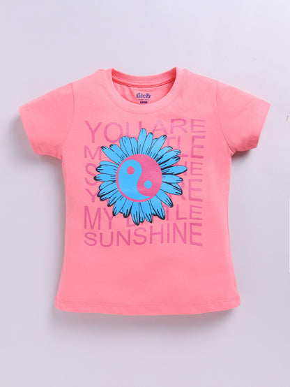 Kidcity Girls  Soft Cotton Sinker Half Sleeve Floral and Text Print  Tops - Fusia Pink